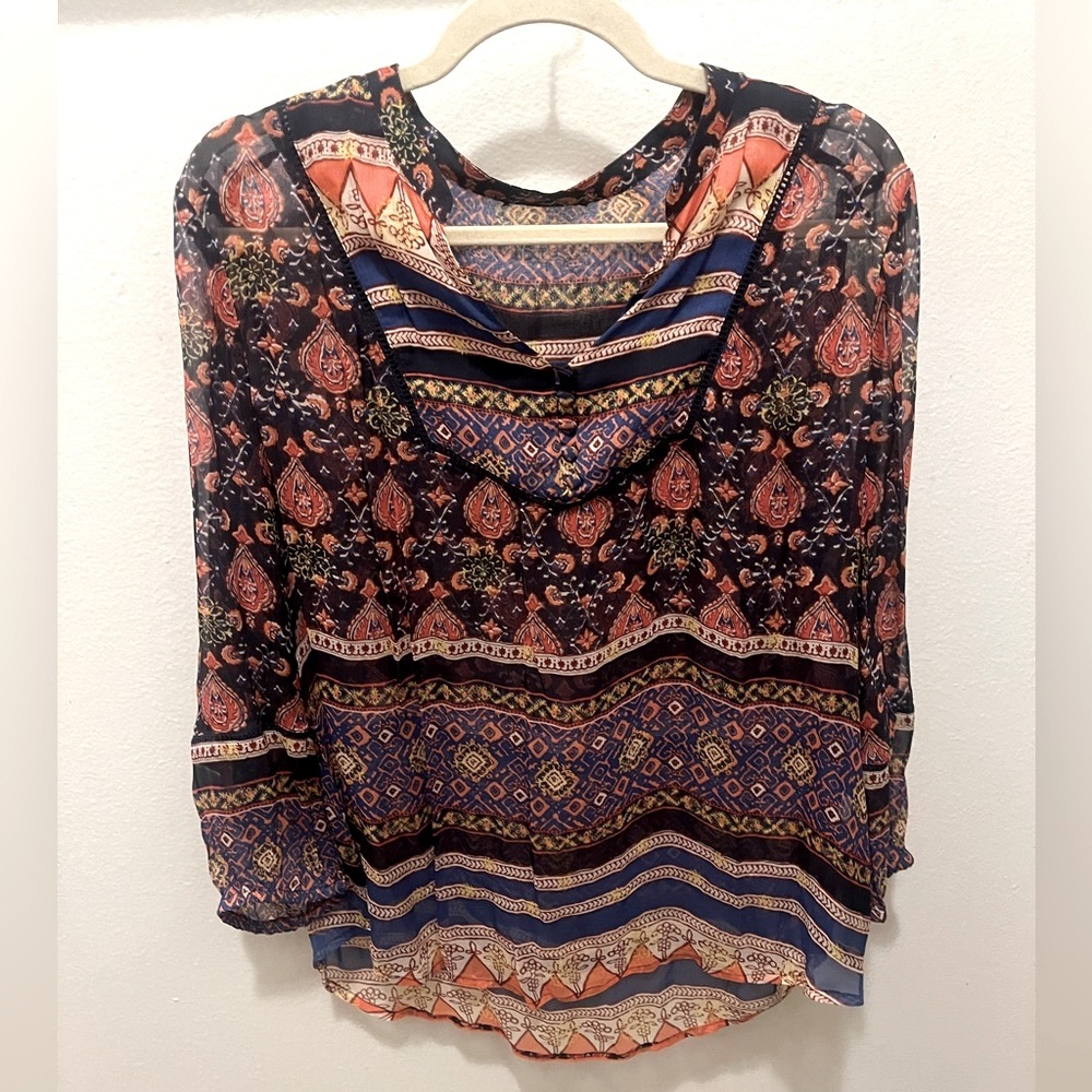 VTG Y2K Boho Multicolor Black Semi Sheer Long Sleeve Blouse Top Festival
